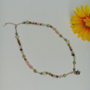 Semi-Precious Stone & Pearl Bead Hand Knotted Necklace w/ 925 Sterling Closure
